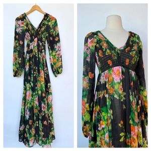 Sold// 1970s Hippie Hostess Deep V Abstract Print Dress XS